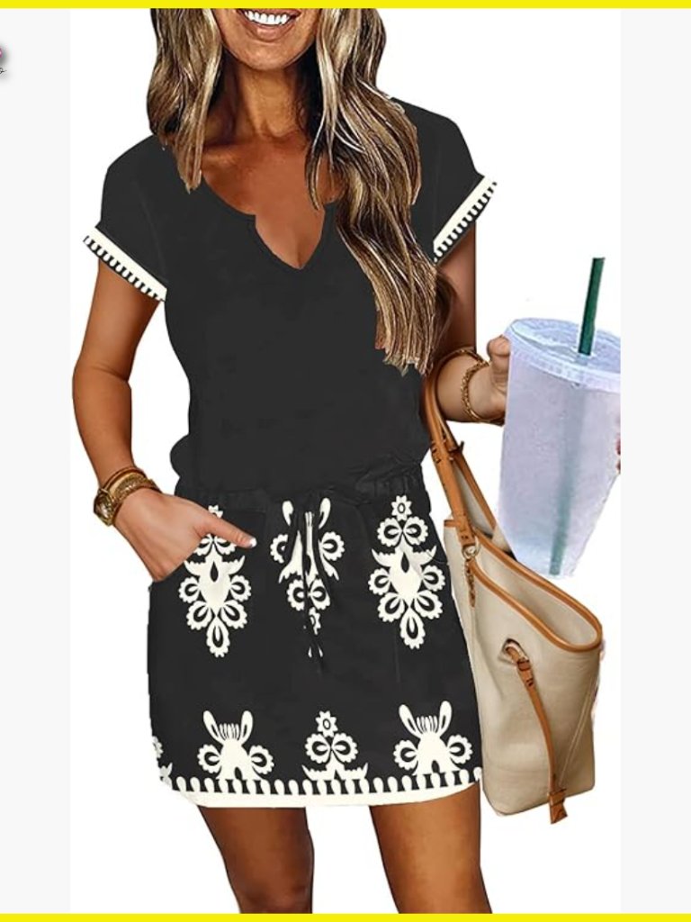 V-Neck T-Shirt Dress Casual Summer Boho Drawstring Waist Pockets Short Sleeve